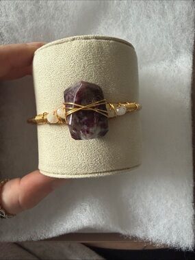 Gold Wire-Wrapped Pink Tourmaline Stone Cuff Bracelet with Rose Quartz Accents